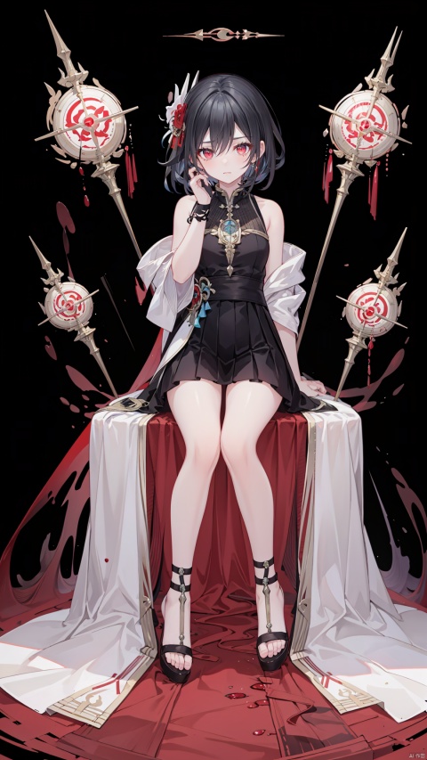 Full body display, sitting on the throne, captivating expression, seductive posture, hand holding face, background with magical runes flickering, blood mist filled, soft light, full body shots, animations, circlet, gem, hair ornament, holding weapon, red eyes, weapon, short hair, sleeveless, black hair, 1girl, solo,jingliu
