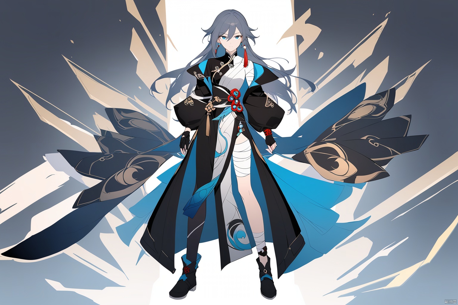  [[fu hua (phoenix)(honkai impact 3rd)]], nai3, 1girl, solo, artstyle,
1girl, solo, long hair, looking at viewer, bangs, blue eyes, simple background, black hair, gloves, long sleeves, white background, hair between eyes, jewelry, closed mouth, standing, jacket, full body, grey hair, earrings, shoes, black gloves, fingerless gloves, black footwear, bandages, chinese clothes, single glove, chinese text, bandaged leg, yin yang, fu hua