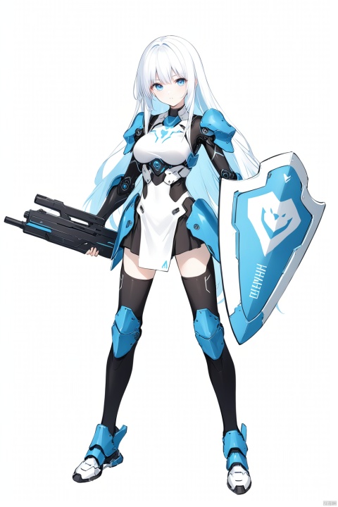 (full body), nai3, 1girl, solo, artstyle,
1girl, solo, long hair, breasts, looking at viewer, 
Durandal/Bianka Ataegina
1girl, solo, looking at viewer, blue eyes, cyborg armor, knee pads
solo, white background, holding, standing, weapon, holding weapon, gun,, holding gun, shield, holding shield, energy gun, beam rifle