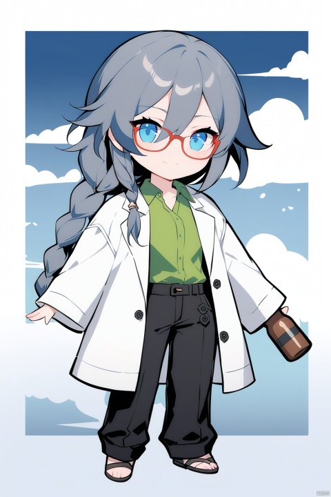  [[fu hua (phoenix)(honkai impact 3rd)]], nai3, 1girl, solo, artstyle,
1girl, solo, long hair, looking at viewer, smile, bangs, blue eyes, shirt, black hair, hair ornament, long sleeves, hair between eyes, closed mouth, full body, braid, glasses, pants, cloud, chibi, coat, black pants, cloudy sky, bottle, green shirt, labcoat, white coat, polo shirt, fu hua