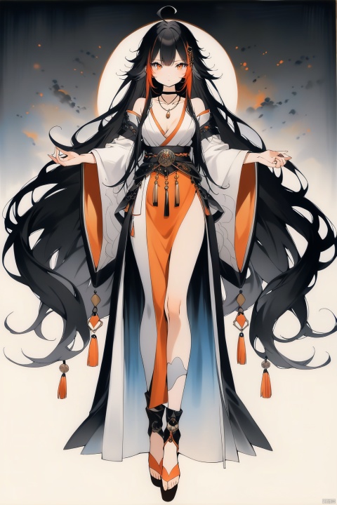 (full body), nai3, solo, artstyle,best quality,amazing quality,very aesthetic,absurdres,traditional media solo, looking at viewer,
1girl, solo, long hair, looking at viewer, black hair, long sleeves, jewelry, very long hair, closed mouth, standing, full body, ahoge, multicolored hair, wide sleeves, necklace, orange eyes, chain, toeless legwear