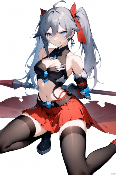 [[fu hua(honkai impact 3rd)]], nai3, 1girl, solo, artstyle,best quality,amazing quality,very aesthetic,absurdres,traditional media,female focus, 
1girl, solo, long hair,  looking at viewer,angry, simple background, thighhighs, white background, bow, ribbon, sitting, blue eyes, hair ribbon, short sleeves, hair bow, frills, grey hair, puffy sleeves, black thighhighs, red ribbon, puffy short sleeves, torn clothes, wariza, arms behind back, bound, bdsm, bondage, bound arms, front ponytail,teeth,base leg,crying_with_eyes_open
1girl, solo, breasts, looking at viewer, bangs, blue eyes, skirt, hair ornament, thighhighs, gloves, navel, holding, cleavage, bare shoulders, twintails, medium breasts, standing, full body, weapon, ahoge, red hair, pleated skirt, boots, midriff, belt, black thighhighs, miniskirt, fingerless gloves, armpits, cape, holding weapon, armor, red skirt, standing on one leg, polearm, gauntlets, breastplate, lance