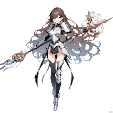 (full body), nai3, solo, artstyle,best quality,amazing quality,very aesthetic,absurdres,traditional media solo, looking at viewer,
1girl, solo, long hair, breasts, looking at viewer, simple background, brown hair, black hair, holding, standing, full body, boots, armor, staff, black background, shoulder armor, pauldrons, holding staff, magic