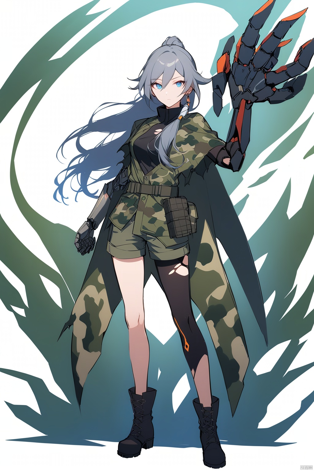  [[fu hua (phoenix)(honkai impact 3rd)]], nai3, 1girl, solo, artstyle,
1girl, solo, long hair, breasts, looking at viewer, bangs, simple background, blue eyes,hair between eyes, closed mouth, standing, full body, ponytail, grey hair, boots, shorts, black gloves, belt, hand up, cape, black boots, high ponytail, single glove,(((( camo military fatigues, torn capelet, mechanical arms, single mechanical arm ,fighting stance))))
 small waist,1girl, solo, looking at viewer, bangs, blue eyes, simple background, black hair, white background, jewelry, closed mouth, blue hair, jacket, upper body, ponytail, earrings, book, military, green jacket, camouflage, camouflage jacket