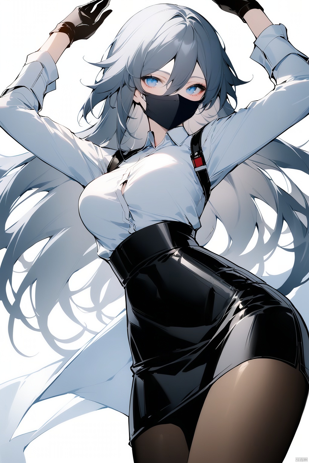  [[fu hua(honkai impact 3rd)]], nai3, 1girl, solo, artstyle,best quality,amazing quality,very aesthetic,absurdres,traditional media,female focus, 
1girl, solo, long hair, breasts, looking at viewer, bangs, skirt, simple background, shirt, gloves, long sleeves, white background, hair between eyes,blue eyes, white shirt, grey hair, pantyhose, cowboy shot, black gloves, black skirt, arms up, black pantyhose, mask, pencil skirt, high-waist skirt, mouth mask, black mask
