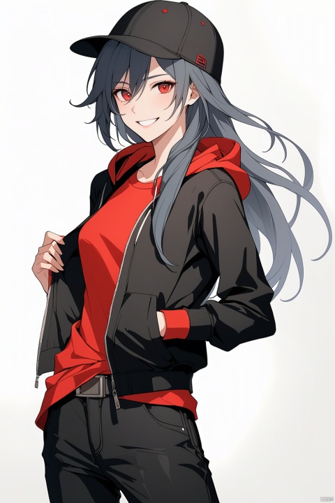 [[fu hua(honkai impact 3rd)]], nai3, 1girl, solo, artstyle,best quality,amazing quality,very aesthetic,absurdres,traditional media,female focus, 
1girl, solo, long hair, looking at viewer, smile, bangs, simple background, shirt, black hair, red eyes, long sleeves, hat, white background, holding, hair between eyes, jacket, pants, hood, grin, black jacket, black headwear, hoodie, black pants, casual, red shirt, fu hua