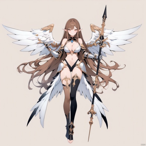 (full body), nai3, solo, artstyle,best quality,amazing quality,very aesthetic,absurdres,traditional media solo, looking at viewer,
1girl, solo, long hair, breasts, large breasts, brown hair, thighhighs, navel, holding, cleavage, bare shoulders, full body, weapon, wings, barefoot, pointy ears, armor, polearm, elf, single thighhigh, feathered wings, angel wings, white wings