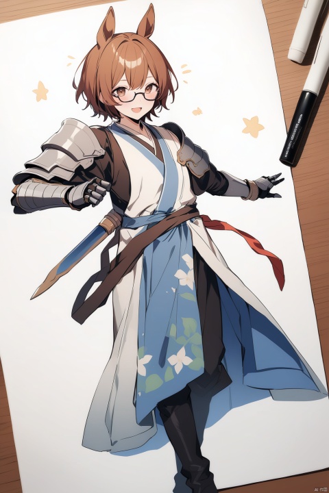 (full body), nai3, solo, artstyle,best quality,amazing quality,very aesthetic,absurdres,traditional media solo, looking at viewer,
,horse tail, full body,boots, male focus,((( horse ears, brown eyes,hanfu,slightly fat, glasses,shoulder armor,gauntlets,))),30y.o.solo,short-hair,:)