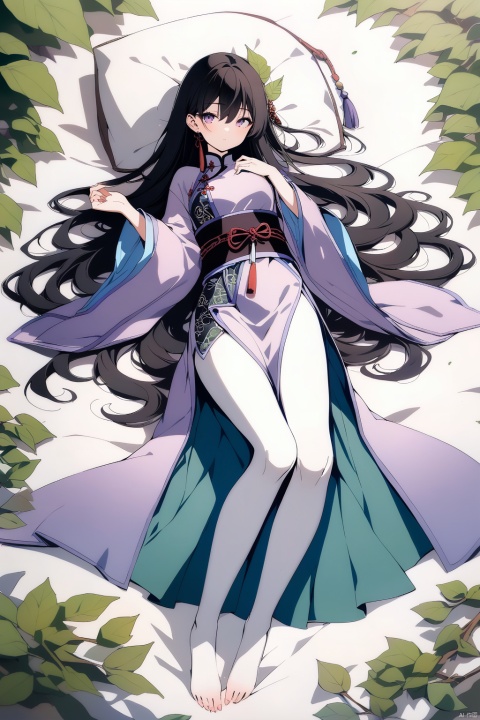 (full body), nai3, solo, artstyle,best quality,amazing quality,very aesthetic,absurdres,traditional media solo, looking at viewer,
1girl, solo, long hair, looking at viewer, bangs, black hair, long sleeves, hair between eyes, very long hair, purple eyes, lying, wide sleeves, on back, sash, leaf, chinese clothes, plant
