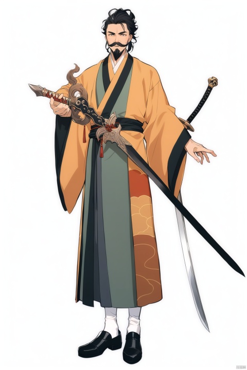 (full body), nai3, solo, artstyle,
solo, looking at viewer, long sleeves, 1boy, white background, holding, standing, full body, weapon, flower, black hair, male focus, shoes, socks, sword, wide sleeves, black footwear, facial hair, chinese clothes, beard, mustache, man, hanfu