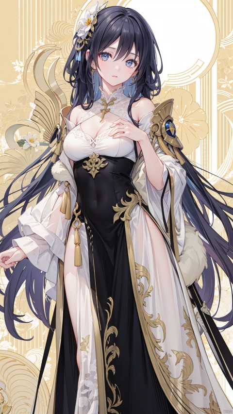 (Masterpiece, Best Quality, More Details, Vertical, Realistic, Realistic, One Detail, Clear Focus, Movie Lighting), A girl wearing an elegant white and gold dress. Her clothes exude a luxurious texture, and her presence exudes power. Ray tracing, ultra wide angle, 4K, award-winning, Yuyao, giant breasts, long hair, luxury, noble, beautiful, ultra realistic, ultra clear picture quality, 8K, luxurious palace background, domineering queen, enchanting figure, hands behind you, background holy light talisman flickering, full of immortality, soft light. On the other side of the flower, there is a large chest, official art, 8k unit wallpaper, super detailed, beautiful, masterpiece, the best quality, very detailed, dynamic angle, paper cover, radius, brightness
