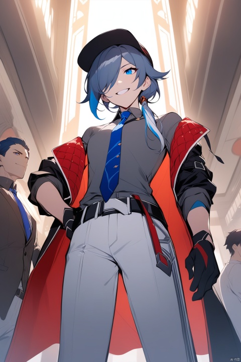  [[fu hua (phoenix)(honkai impact 3rd)]], nai3, 1girl, solo, artstyle,
smile, short hair, blue eyes, shirt, black hair, hat, blue hair, jacket, white hair, male focus, multicolored hair, multiple boys, necktie, belt, pants, indoors, 2boys, hair over one eye, hand on hip, from below, grey shirt, blue necktie, white pants