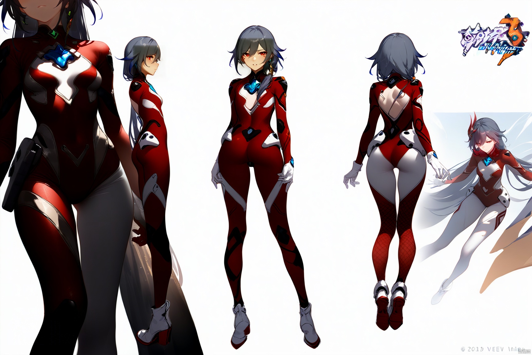  [[fu hua (phoenix)(honkai impact 3rd)]],
(full body), (Multi-view image :1.5) 
red pattern on waist,red pattern on arms,red pattern on legs,white bodysuit,white gloves,legwear,gloves,boots,logo,plugsuit,gem,bodysuit,red pattern on body,white tight-fitting,white footwear,leather suit,latex, (masterpiece), (best quality)