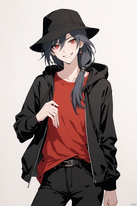 [[fu hua(honkai impact 3rd)]], nai3, 1girl, solo, artstyle,best quality,amazing quality,very aesthetic,absurdres,traditional media,female focus, 
1girl, solo, long hair, looking at viewer, smile, bangs, simple background, shirt, black hair, red eyes, long sleeves, hat, white background, holding, hair between eyes, jacket, pants, hood, grin, black jacket, black headwear, hoodie, black pants, casual, red shirt, fu hua