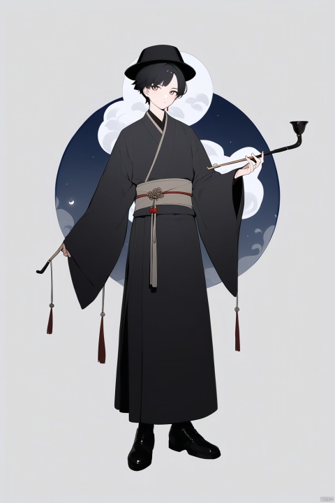 (full body), nai3, solo, artstyle,
solo, looking at viewer, short hair, black hair, long sleeves, 1boy, white background, holding, standing, full body, male focus, wide sleeves, black footwear, sash, black headwear, moon, smoke, robe, smoking pipe, holding smoking pipe, hanfu