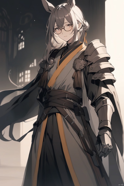 (full body), nai3, solo, artstyle,best quality,amazing quality,very aesthetic,absurdres,traditional media solo, looking at viewer,
,horse tail, full body,boots, ,(((male focus, horse ears, brown eyes,hanfu, glasses,shoulder armor,gauntlets,))),30y.o.solo,,:),full_body