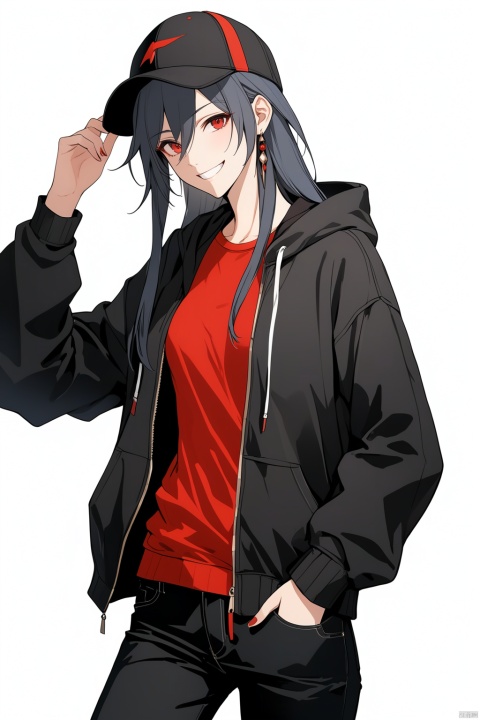 [[fu hua(honkai impact 3rd)]], nai3, 1girl, solo, artstyle,best quality,amazing quality,very aesthetic,absurdres,traditional media,female focus, 
1girl, solo, long hair, looking at viewer, smile, bangs, simple background, shirt, black hair, red eyes, long sleeves, hat, white background, holding, hair between eyes, jacket, pants, hood, grin, black jacket, black headwear, hoodie, black pants, casual, red shirt, fu hua