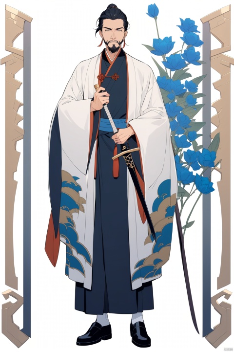 (full body), nai3, solo, artstyle,
solo, looking at viewer, long sleeves, 1boy, white background, holding, standing, full body, weapon, flower, black hair, male focus, shoes, socks, sword, wide sleeves, black footwear, facial hair, chinese clothes,  man, hanfu