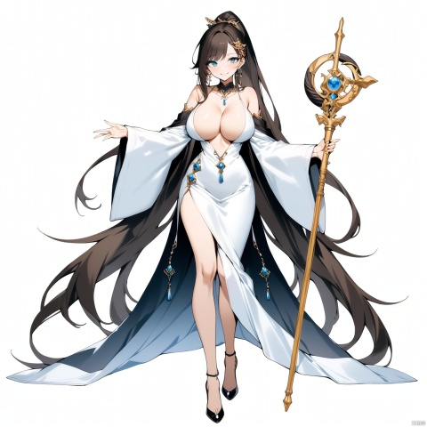 (full body), nai3, solo, artstyle,best quality,amazing quality,very aesthetic,absurdres,traditional media solo, looking at viewer,
1girl, solo, long hair, breasts, looking at viewer, smile, blue eyes, large breasts, simple background, brown hair, black hair, hair ornament, dress, holding, cleavage, jewelry, very long hair, standing, full body, ponytail, wide sleeves, high heels, staff, holding staff, center opening