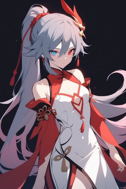  [[fu hua (phoenix)(honkai impact 3rd)]], nai3, 1girl, solo, artstyle,
1girl, solo, long hair, looking at viewer, bangs, blue eyes, simple background, hair ornament, red eyes, dress, hair between eyes, bare shoulders, closed mouth, ponytail, pink hair, cosplay, heterochromia, chinese clothes, black background, china dress, company connection, fu hua