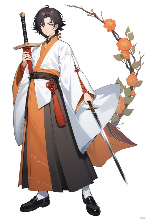 (full body), nai3, solo, artstyle,
solo, looking at viewer, long sleeves, 1boy, white background, holding, standing, full body, weapon, flower, black hair, male focus, shoes, socks, sword, wide sleeves, black footwear, chinese clothes,  man, hanfu