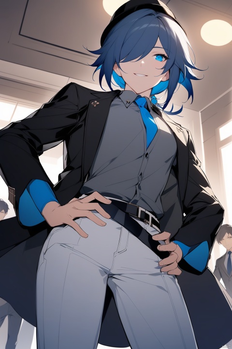  [[fu hua (phoenix)(honkai impact 3rd)]], nai3, 1girl, solo, artstyle,
smile, short hair, blue eyes, shirt, black hair, hat, blue hair, jacket, white hair, male focus, multicolored hair, multiple boys, necktie, belt, pants, indoors, 2boys, hair over one eye, hand on hip, from below, grey shirt, blue necktie, white pants