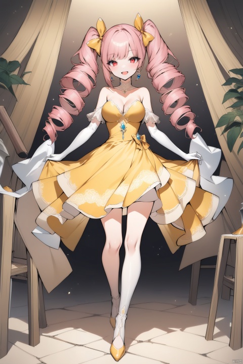 (full body), nai3, solo, artstyle,best quality,amazing quality,very aesthetic,absurdres,traditional media solo, looking at viewer,
long hair, breasts, looking at viewer, smile, open mouth, blue eyes, multiple girls, blonde hair, red eyes, gloves, dress, bow, twintails, pink hair, hair bow, green hair, elbow gloves, 3girls, drill hair, yellow dress, hammer