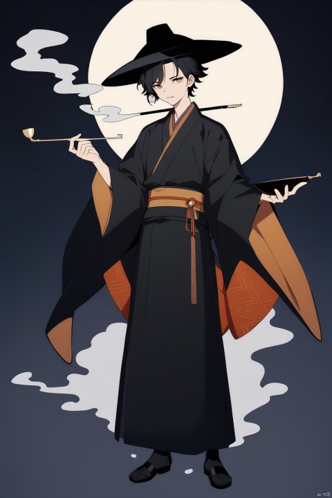 (full body), nai3, solo, artstyle,
solo, looking at viewer, short hair, black hair, long sleeves, 1boy, white background, holding, standing, full body, male focus, wide sleeves, black footwear, sash, black headwear, moon, smoke, robe, smoking pipe, holding smoking pipe, hanfu