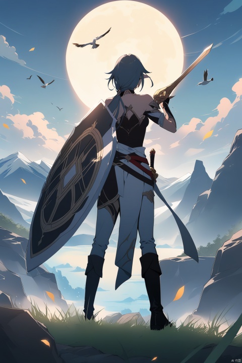  [[fu hua (phoenix)(honkai impact 3rd)]], nai3, 1girl, solo, artstyle,
solo, blonde hair, 1boy, holding, standing, weapon, flower, male focus, boots, outdoors, sky, pointy ears, pants, sword, cloud, from behind, holding weapon, bird, holding sword, moon, knee boots, cloudy sky, grass, scenery, shield, rock, mountain, facing away, holding shield, master sword, link