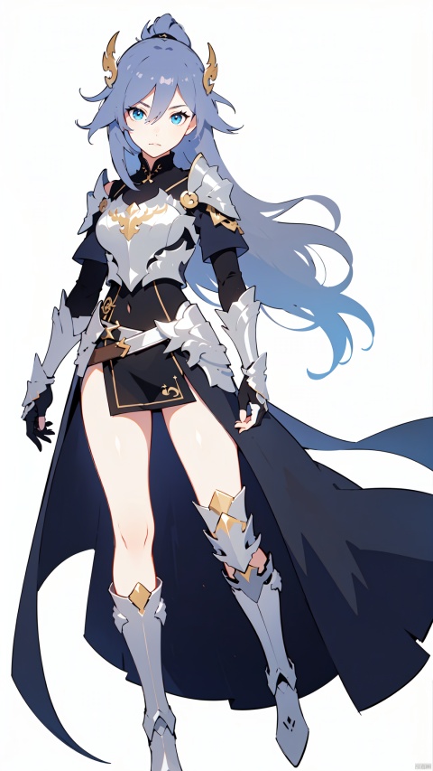 (masterpiece:1.3),(the best quality:1.2),(super fine illustrations:1.2),(Masterpiece),high quality,high detail,(white background:1.2),looking at viewer,(SOLO:1.4),outline,simple background,(((full body:1.2))),, fu hua,armor,blue eyes,hair between eyes,boots,grey hair,shoulder armor,gauntlets,breastplate,ponytail,in the face,tassel,sheath,sheathed,white skin