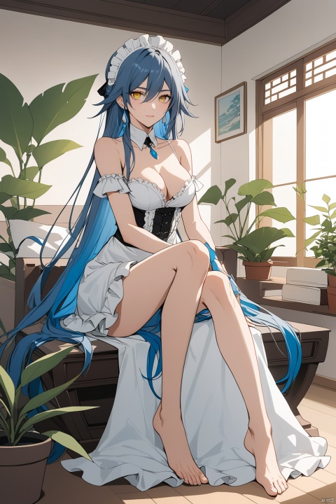 [[fu hua(honkai impact 3rd)]], nai3, 1girl, solo, artstyle,best quality,amazing quality,very aesthetic,absurdres,traditional media,female focus, 
1girl, solo, long hair, breasts, looking at viewer, bangs, blue eyes, dress, holding, cleavage, hair between eyes, sitting, very long hair, blue hair, full body, yellow eyes, frills, shorts, barefoot, indoors, official alternate costume, pillow, book, maid, maid headdress, heterochromia, plant, potted plant