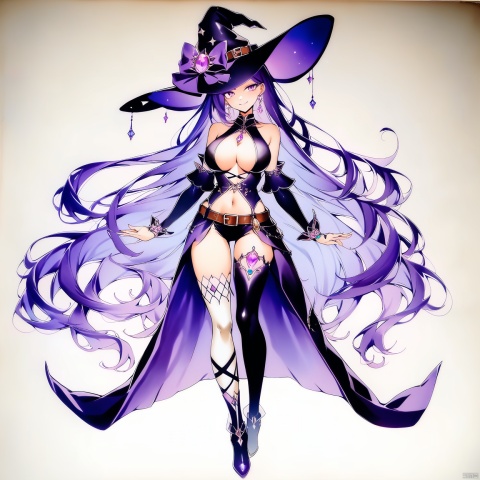 (full body), nai3, solo, artstyle,best quality,amazing quality,very aesthetic,absurdres,traditional media solo, looking at viewer,
1girl, solo, long hair, breasts, smile, large breasts, thighhighs, hat, navel, cleavage, bare shoulders, jewelry, very long hair, standing, purple eyes, earrings, detached sleeves, belt, witch hat, gem, asymmetrical legwear, center opening, witch