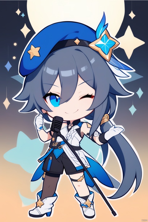  [[fu hua (phoenix)(honkai impact 3rd)]], nai3, 1girl, solo, artstyle,
1girl, solo, long hair, looking at viewer, smile, bangs, blue eyes, shirt, black hair, gloves, hat, holding, hair between eyes, closed mouth, full body, ponytail, boots, one eye closed, shorts, white gloves, chibi, star \(symbol\), beret, white footwear, microphone, blue headwear, ;\), holding microphone, microphone stand, fu hua