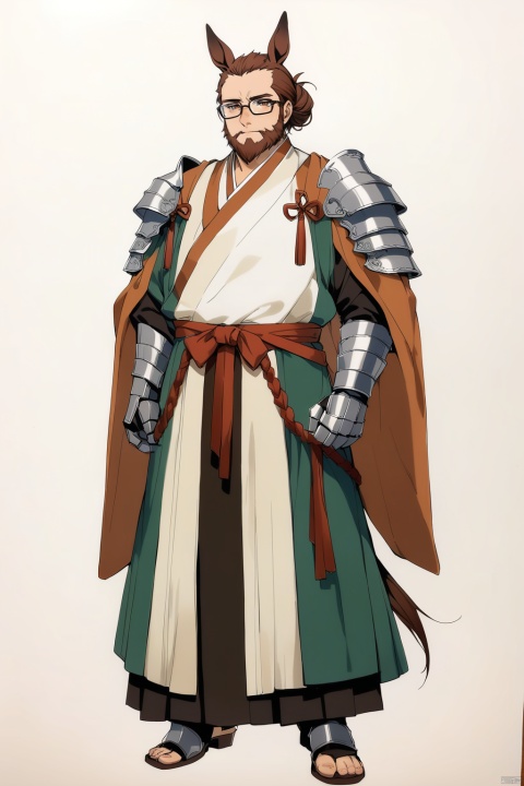 (full body), nai3, solo, artstyle,best quality,amazing quality,very aesthetic,absurdres,traditional media solo, looking at viewer,
,horse tail, full body,, male focus,facial hair,((( horse ears, brown eyes,hanfu,slightly fat, glasses,shoulder armor,gauntlets,))),30y.o.solo,hair bun