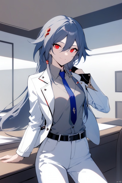  [[fu hua (phoenix)(honkai impact 3rd)]], nai3, 1girl, solo, artstyle,
1girl, solo, long hair, looking at viewer, smile, bangs, shirt, black hair, hair ornament, red eyes, long sleeves, hair between eyes, closed mouth, jacket, necktie, belt, pants, indoors, white jacket, grey shirt, blue necktie, white pants, polo shirt, fu hua