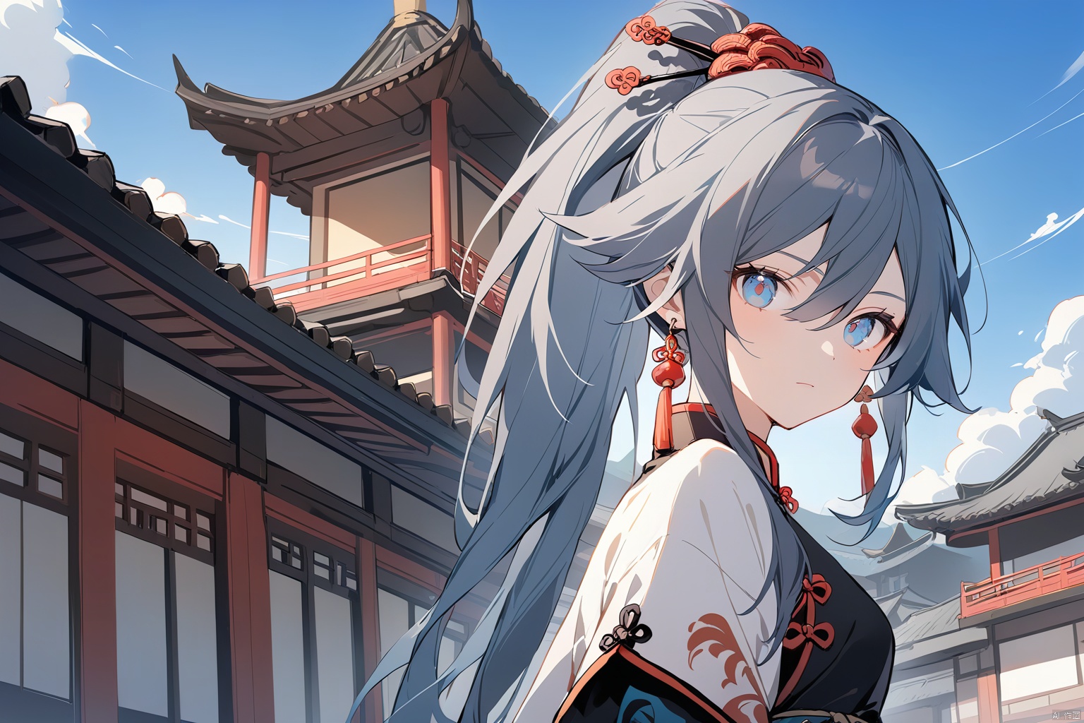 1girl, solo, long hair, looking at viewer, bangs, blue eyes, black hair, hair ornament, jewelry, closed mouth, ponytail, grey hair, earrings, outdoors, sky, blue sky, chinese clothes, architecture, east asian architecture, fu hua