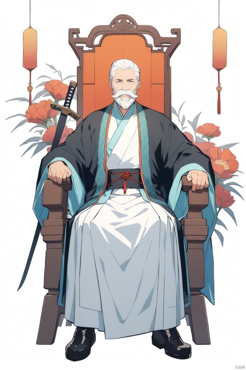 (full body), nai3, solo, artstyle,
solo, looking at viewer, long sleeves, 1boy, white background, holding, sitting, standing, full body, weapon, flower, white hair, male focus, shoes, socks, sword, wide sleeves, black footwear, facial hair, chair, chinese clothes, beard, mustache, old, old man, hanfu