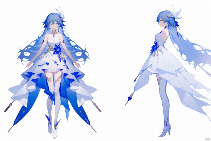  [[fu hua (phoenix)(honkai impact 3rd)]],nai3,1girl,solo,blue eyes
{artist:ask(askzy)}, 
(Multiple views)
1girl, solo, long hair, breasts, looking at viewer, bangs, blue eyes, simple background, hair ornament, thighhighs, white background, dress, bare shoulders, jewelry, closed mouth, blue hair, standing, full body, earrings, sleeveless, white dress, high heels, white thighhighs, sleeveless dress, blue dress, umbrella, white footwear, gem, holding umbrella, arms at sides