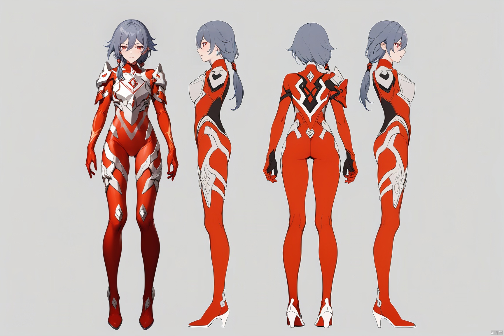  [[fu hua (phoenix)(honkai impact 3rd)]],
(full body), (Multi-view image :1.5) 
breastplate, pauldrons, shoulder armor, armor,red footwear,red tight-fitting,silver pattern on body,bodysuit,gem,plugsuit,,logo,boots,gloves,red legwear,red gloves,red bodysuit,leather suit,ultraman,latex,silver pattern on leg,x, (masterpiece), (best quality)