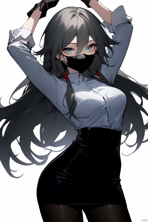  [[fu hua(honkai impact 3rd)]], nai3, 1girl, solo, artstyle,best quality,amazing quality,very aesthetic,absurdres,traditional media,female focus, 
1girl, solo, long hair, breasts, looking at viewer, bangs, skirt, simple background, shirt, gloves, long sleeves, white background, hair between eyes,blue eyes, white shirt, grey hair, pantyhose, cowboy shot, black gloves, black skirt, arms up, black pantyhose, mask, pencil skirt, high-waist skirt, mouth mask, black mask