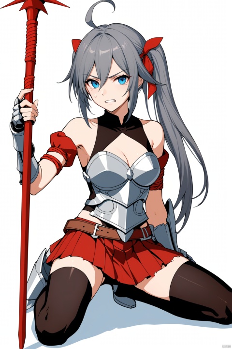 [[fu hua(honkai impact 3rd)]], nai3, 1girl, solo, artstyle,best quality,amazing quality,very aesthetic,absurdres,traditional media,female focus, 
1girl, solo, long hair,  looking at viewer,angry, simple background, thighhighs, white background, bow, ribbon, sitting, blue eyes, hair ribbon, short sleeves, hair bow, frills, grey hair, puffy sleeves, black thighhighs, red ribbon, puffy short sleeves, torn clothes, wariza, arms behind back, bound, bdsm, bondage, bound arms, front ponytail,teeth,base leg,crying_with_eyes_open
1girl, solo, breasts, looking at viewer, bangs, blue eyes, skirt, hair ornament, thighhighs, gloves, navel, holding, cleavage, bare shoulders, twintails, medium breasts, standing, full body, weapon, ahoge, red hair, pleated skirt, boots, midriff, belt, black thighhighs, miniskirt, fingerless gloves, armpits, cape, holding weapon, armor, red skirt, standing on one leg, polearm, gauntlets, breastplate, lance