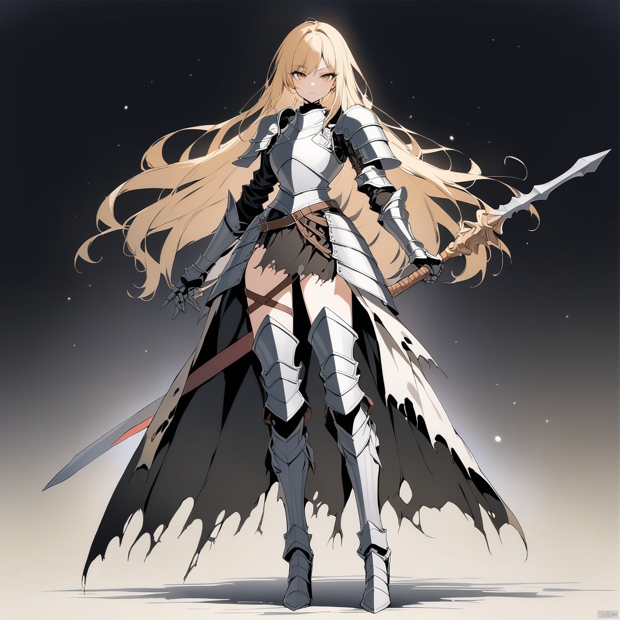 (full body), nai3, solo, artstyle,best quality,amazing quality,very aesthetic,absurdres,traditional media solo, looking at viewer,
1girl, solo, long hair, looking at viewer, blonde hair, holding, standing, full body, weapon, boots, belt, sword, holding weapon, armor, high heels, torn clothes, polearm, shoulder armor, gauntlets, sheath, pauldrons, sheathed, breastplate, armored boots, scabbard, greaves, knight, chainmail, plate armor