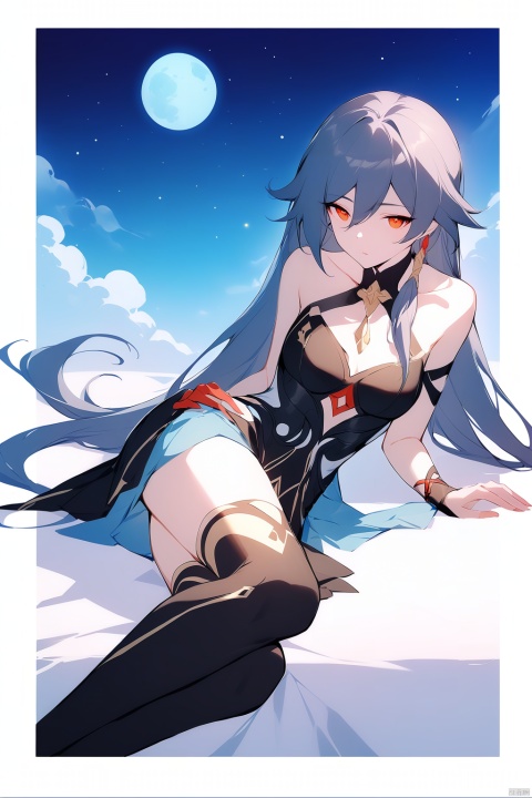  [[fu hua (phoenix)(honkai impact 3rd)]], nai3, 1girl, solo, artstyle,
1girl, solo, long hair, breasts, thighhighs, dress, bare shoulders, very long hair, lying, sky, star \(symbol\), arm support, on side, moon, star \(sky\)