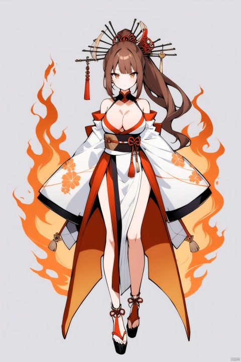 (full body), nai3, solo, artstyle,best quality,amazing quality,very aesthetic,absurdres,traditional media solo, looking at viewer,
1girl, solo, long hair, breasts, looking at viewer, simple background, brown hair, hair ornament, cleavage, brown eyes, standing, full body, ponytail, detached sleeves, japanese clothes, grey background, fire, hair stick, flame