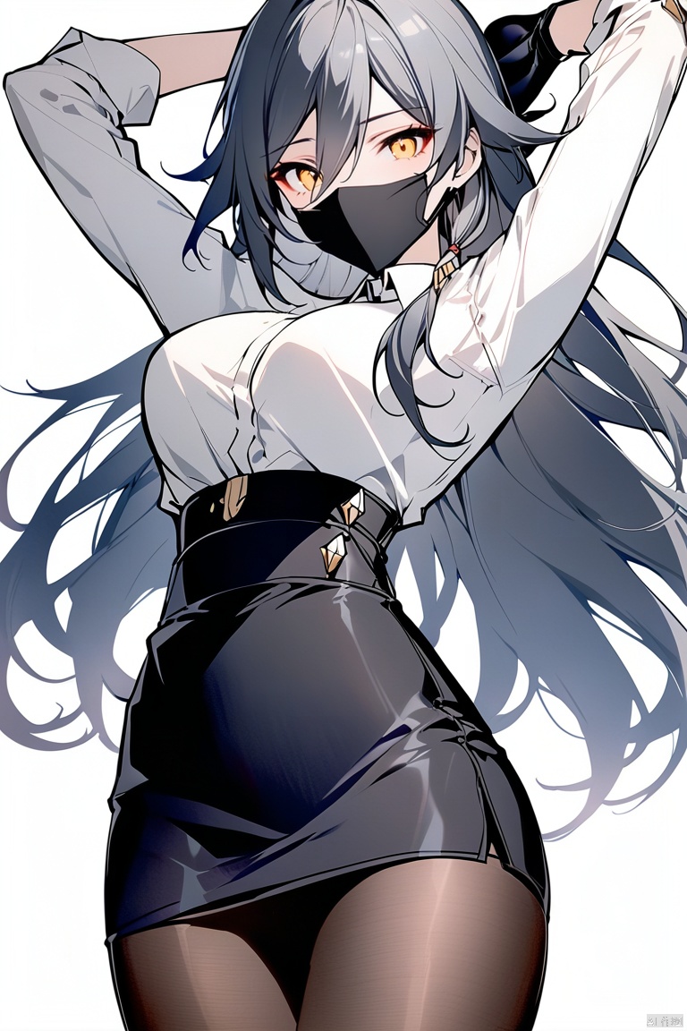 [[fu hua(honkai impact 3rd)]], nai3, 1girl, solo, artstyle,best quality,amazing quality,very aesthetic,absurdres,traditional media,female focus, 
1girl, solo, long hair, breasts, looking at viewer, bangs, skirt, simple background, shirt, gloves, long sleeves, white background, hair between eyes, yellow eyes, white shirt, grey hair, pantyhose, cowboy shot, black gloves, black skirt, arms up, black pantyhose, mask, pencil skirt, high-waist skirt, mouth mask, black mask