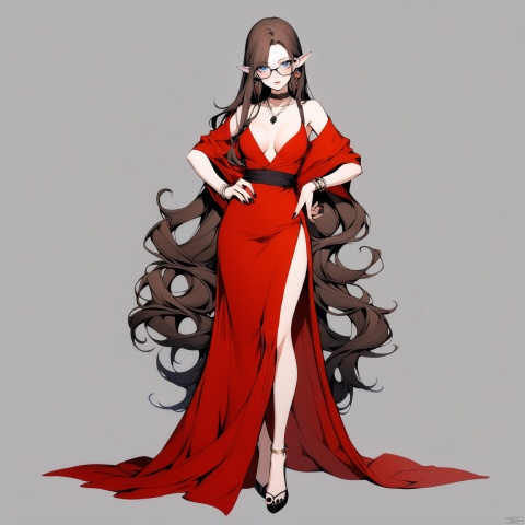 (full body), nai3, solo, artstyle,best quality,amazing quality,very aesthetic,absurdres,traditional media solo, looking at viewer,
1girl, solo, long hair, breasts, looking at viewer, blue eyes, simple background, brown hair, white background, dress, cleavage, jewelry, medium breasts, earrings, glasses, choker, pointy ears, necklace, nail polish, bracelet, lips, hand on hip, red dress, elf, black nails, hand fan, side slit, black-framed eyewear, folding fan, hyur, viera, avatar \(ff14\)