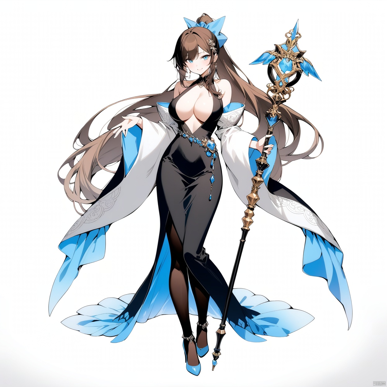 (full body), nai3, solo, artstyle,best quality,amazing quality,very aesthetic,absurdres,traditional media solo, looking at viewer,
1girl, solo, long hair, breasts, looking at viewer, smile, blue eyes, large breasts, simple background, brown hair, black hair, hair ornament, dress, holding, cleavage, jewelry, very long hair, standing, full body, ponytail, wide sleeves, high heels, staff, holding staff, center opening