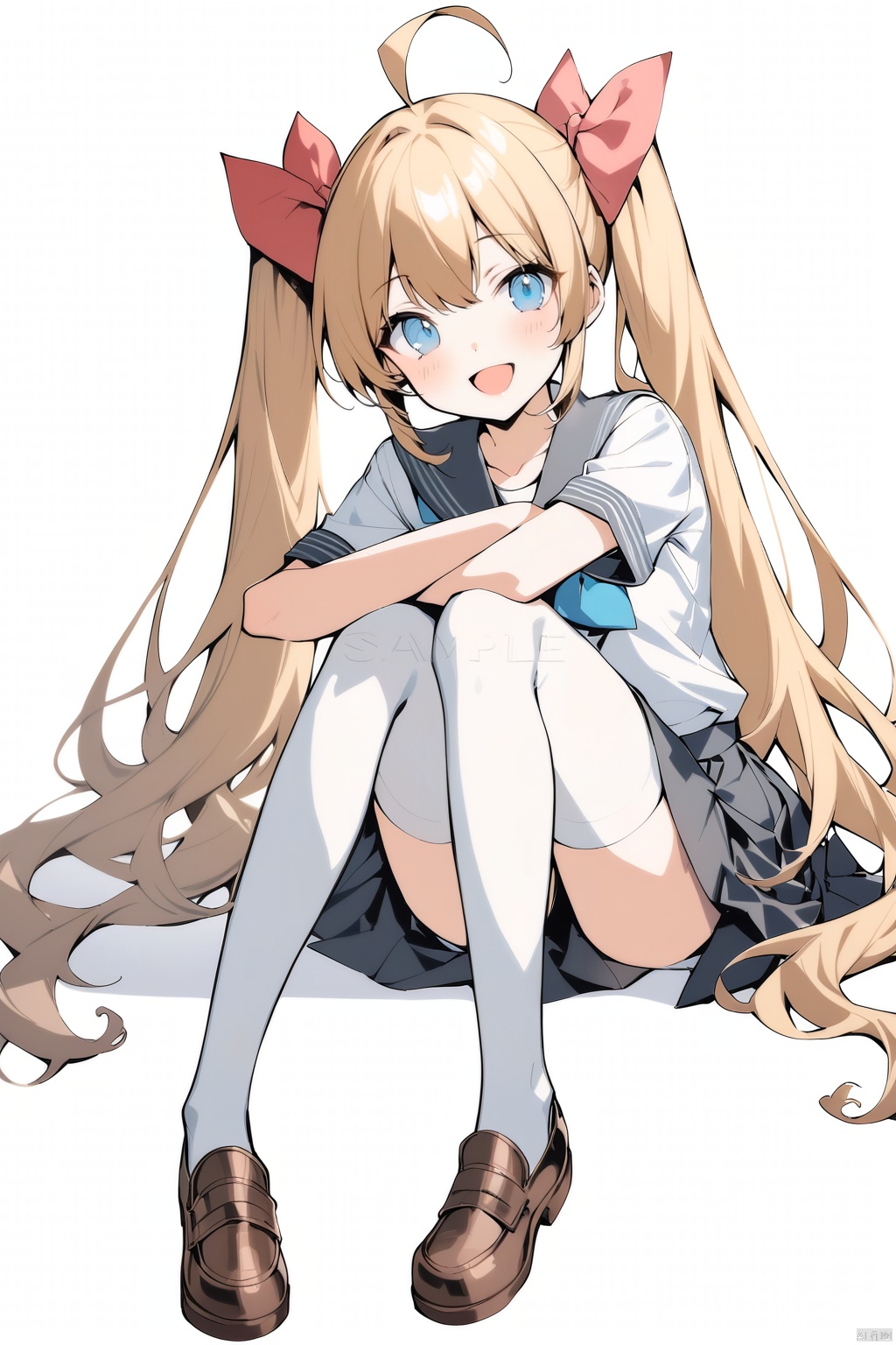 (full body), nai3, solo, artstyle,best quality,amazing quality,very aesthetic,absurdres,traditional media solo, looking at viewer,
long hair, looking at viewer, smile, open mouth, blue eyes, multiple girls, skirt, blonde hair, thighhighs, white background, bow, 2girls, twintails, sitting, school uniform, ahoge, hair bow, grey hair, shoes, serafuku, socks, sample watermark