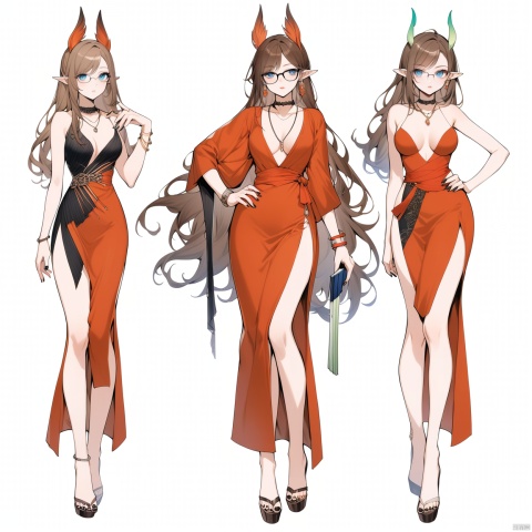 (full body), nai3, solo, artstyle,best quality,amazing quality,very aesthetic,absurdres,traditional media solo, looking at viewer,
1girl, solo, long hair, breasts, looking at viewer, blue eyes, simple background, brown hair, white background, dress, cleavage, jewelry, medium breasts, earrings, glasses, choker, pointy ears, necklace, nail polish, bracelet, lips, hand on hip, red dress, elf, black nails, hand fan, side slit, black-framed eyewear, folding fan, hyur, viera, avatar \(ff14\)
