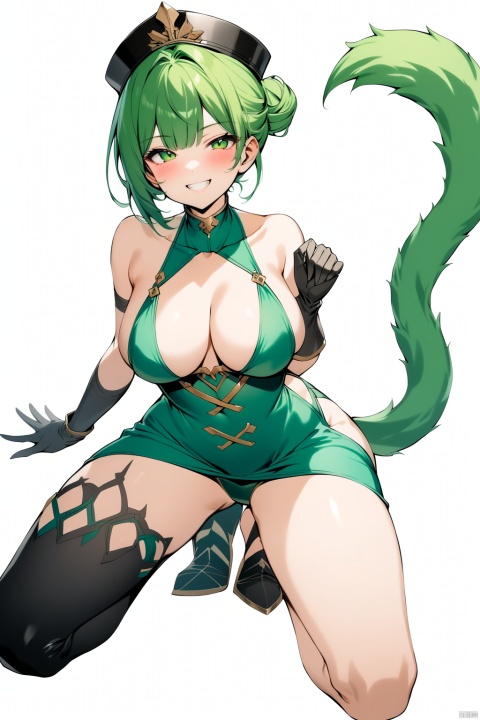 (full body), nai3, solo, artstyle,best quality,amazing quality,very aesthetic,absurdres,traditional media solo, looking at viewer,
1girl, solo, breasts, looking at viewer, blush, smile, short hair, large breasts, simple background, thighhighs, gloves, hat, white background, tail, green hair, hair bun, grin, kneeling, sideboob, single thighhigh